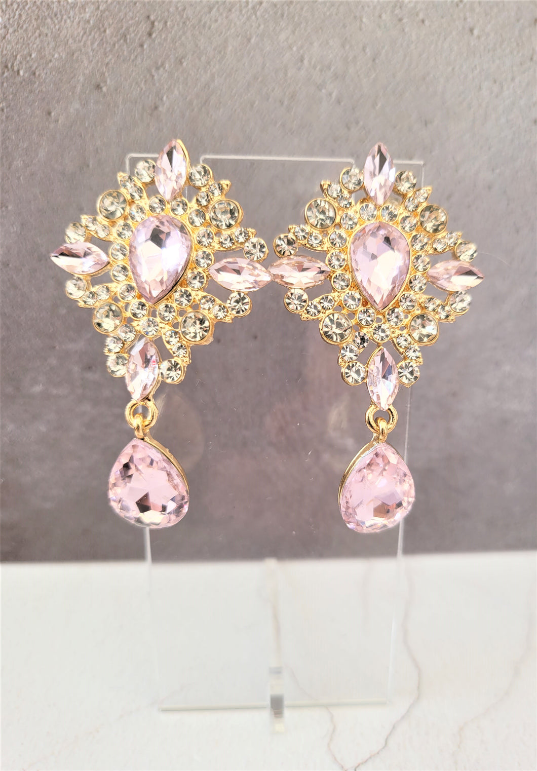 Pink Crystal Teardrop Earrings Clip on