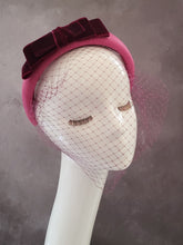 Load image into Gallery viewer, Pink Leather Veiled Headband Padded , With Plum Velvet Bow Fascinator, Birdcage Veil, Bridal Headpiece, 4 cms wide,