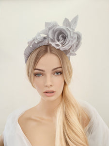 Silver Grey Flower Head Piece, Fascinator, on a Chiffon Wrapped padded headband with silk roses Wedding Races, Ascot
