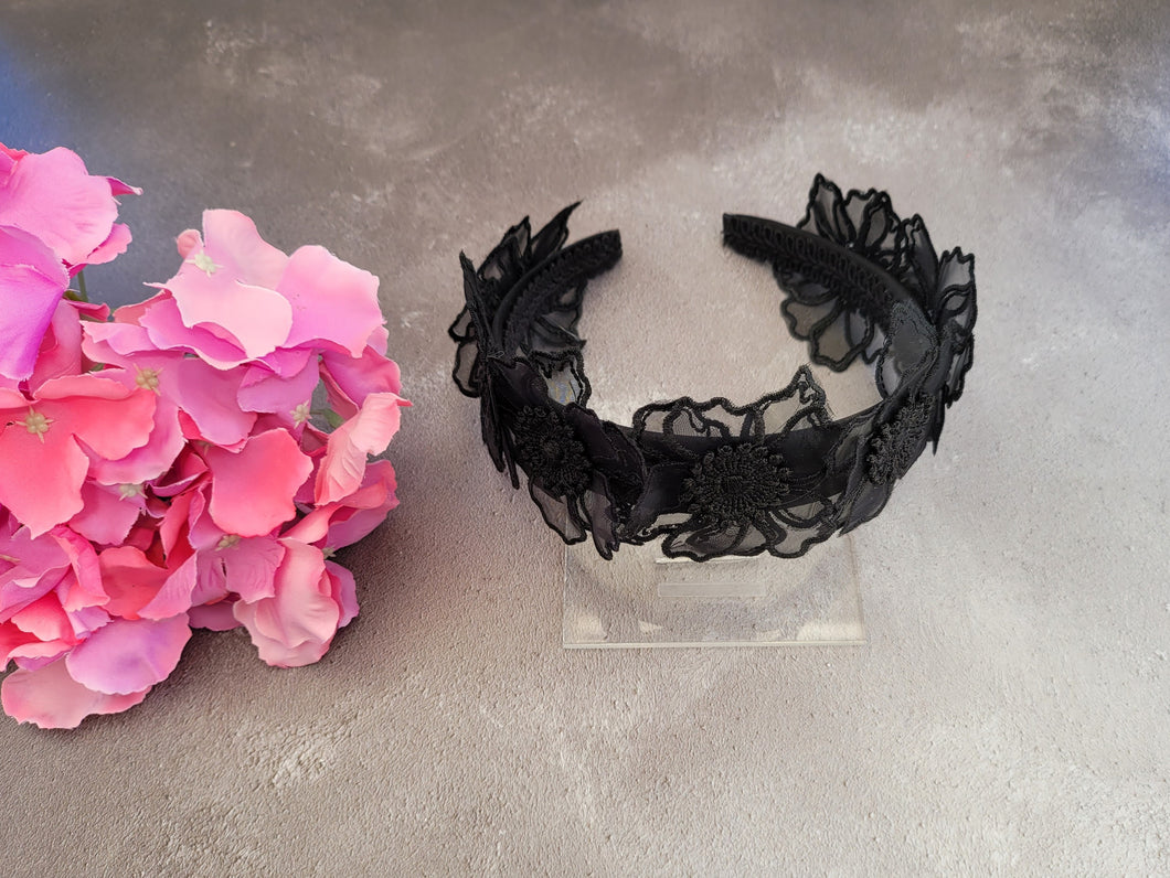 Black Lace Flower Fascinator headband