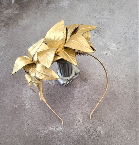 Gold Leaf Fascinator Headband, Leather Goddess Headpiece, Races Hatinator, Kentucky Derby, Ascot,