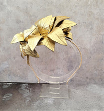 Load image into Gallery viewer, Gold Leaf Fascinator Headband, Leather Goddess Headpiece, Races Hatinator, Kentucky Derby, Ascot,