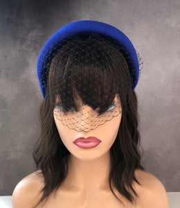 Blue Fascinator Padded Headband, with Navy Blusher Veil, Extra Wide 6 cms, Padded Design