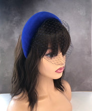 Load image into Gallery viewer, Blue Fascinator Padded Headband, with Navy Blusher Veil, Extra Wide 6 cms, Padded Design