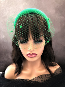 Green  Satin Fascinator with Dotty Blusher Veil