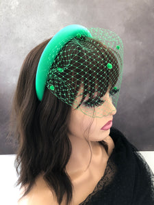 Green  Satin Fascinator with Dotty Blusher Veil