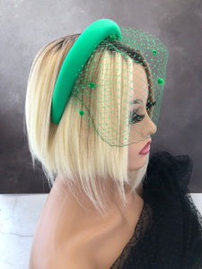 Green  Satin Fascinator with Spotty Blusher Veil