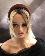 Load image into Gallery viewer, Bronze Brown Satin Padded headband, Fascinator, with blusher nose length veil, 4 cms wide headpiece