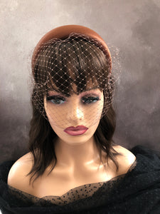 Bronze Brown Satin Padded headband, Fascinator, with blusher nose length veil, 4 cms wide headpiece
