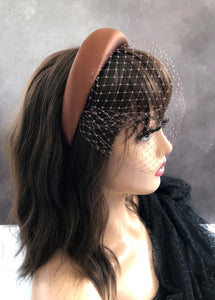 Bronze Brown Satin Padded headband, Fascinator, with blusher nose length veil, 4 cms wide headpiece