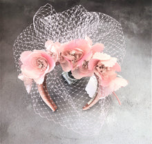Load image into Gallery viewer, Blush Pink Flower Head Piece Fascinator, Velvet padded headband, hatinator