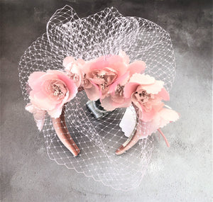 Blush Pink Flower Head Piece Fascinator, Velvet padded headband, hatinator