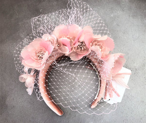Blush Pink Flower Head Piece Fascinator, Velvet padded headband, hatinator