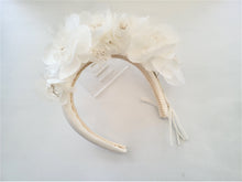 Load image into Gallery viewer, Ivory Fascinator Headband, Ascot Headpiece, Wedding Halo Crown, with Chiffon Flowers, Kentucky Derby Fascinator, Ascot hat