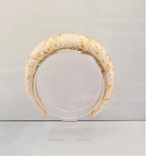 Load image into Gallery viewer, Gold Hand Painted French Lace Padded headband over Ivory Silk Duchess Satin