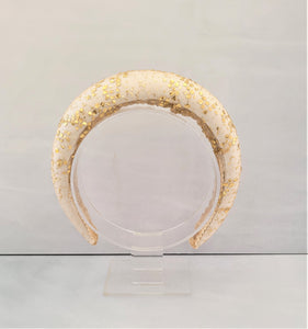 Gold Hand Painted French Lace Padded headband over Ivory Silk Duchess Satin