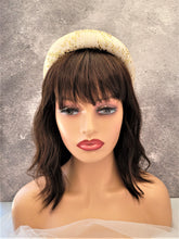 Load image into Gallery viewer, Gold Hand Painted French Lace Padded headband over Ivory Silk Duchess Satin