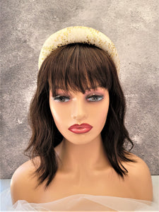 Gold Hand Painted French Lace Padded headband over Ivory Silk Duchess Satin