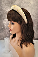 Load image into Gallery viewer, Gold Hand Painted French Lace Padded headband over Ivory Silk Duchess Satin