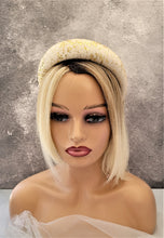 Load image into Gallery viewer, Gold Hand Painted French Lace Padded headband over Ivory Silk Duchess Satin