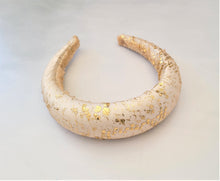 Load image into Gallery viewer, Gold Hand Painted French Lace Padded headband over Ivory Silk Duchess Satin