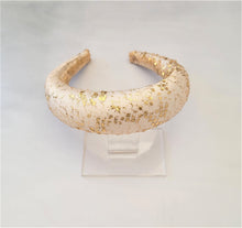 Load image into Gallery viewer, Gold Hand Painted French Lace Padded headband over Ivory Silk Duchess Satin