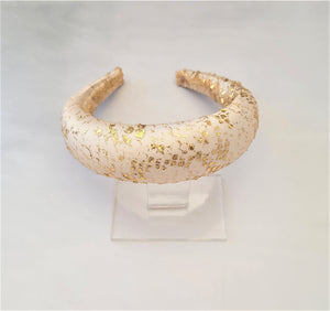 Gold Hand Painted French Lace Padded headband over Ivory Silk Duchess Satin