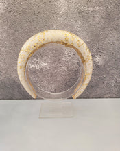 Load image into Gallery viewer, Gold Hand Painted French Lace Padded headband over Ivory Silk Duchess Satin