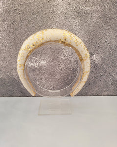 Gold Hand Painted French Lace Padded headband over Ivory Silk Duchess Satin