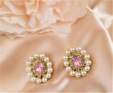 Load image into Gallery viewer, Diamante Cluster Stud Earrings with Pearl Bead and Opaque Crystal  clip on or pierced