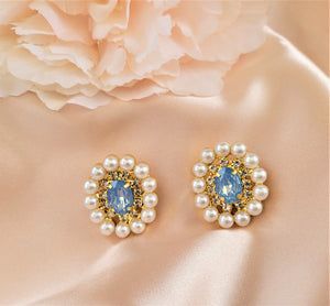 Diamante Cluster Stud Earrings with Pearl Bead and Opaque Crystal  clip on or pierced