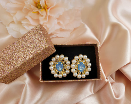 Diamante Cluster Stud Earrings with Pearl Bead and Opaque Crystal  clip on or pierced