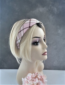 Pink Tartan Check Headband Alice Band Hair Band Wide Pink and cream