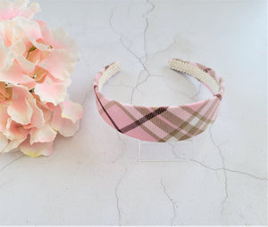 Pink Tartan Check Headband Alice Band Hair Band Wide Pink and cream