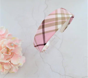 Pink Tartan Check Headband Alice Band Hair Band Wide Pink and cream