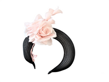 Load image into Gallery viewer, Black Fascinator Headband, Blush Pink Silk Rose Flower, Halo Crown Headpiece, Ascot