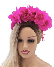 Load image into Gallery viewer, Pink Chiffon Flower Head Piece Fascinator on Satin high padded headband 4 cms Wide