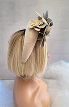 Load image into Gallery viewer, Beige Straw Halo Crown Headband with Gold Leather Flowers