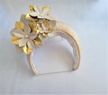 Load image into Gallery viewer, Beige Straw Halo Crown Headband with Gold Leather Flowers