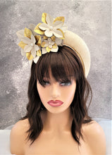 Load image into Gallery viewer, Beige Straw Halo Crown Headband with Gold Leather Flowers