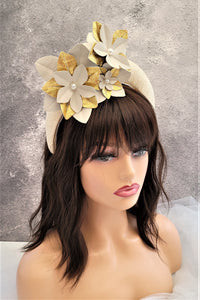 Beige Straw Halo Crown Headband with Gold Leather Flowers