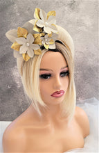 Load image into Gallery viewer, Beige Straw Halo Crown Headband with Gold Leather Flowers