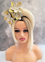 Load image into Gallery viewer, Beige Straw Halo Crown Headband with Gold Leather Flowers