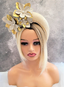 Beige Straw Halo Crown Headband with Gold Leather Flowers