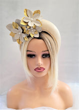 Load image into Gallery viewer, Beige Straw Halo Crown Headband with Gold Leather Flowers