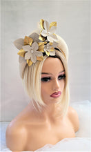 Load image into Gallery viewer, Beige Straw Halo Crown Headband with Gold Leather Flowers