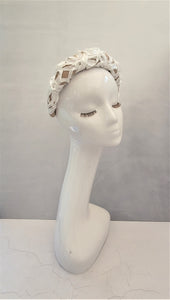 White ribbon and Beige Silk Padded Headband