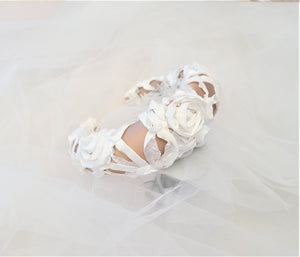 White ribbon and Beige Silk Padded Headband