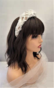 White ribbon and Beige Silk Padded Headband