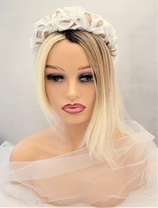 White ribbon and Beige Silk Padded Headband